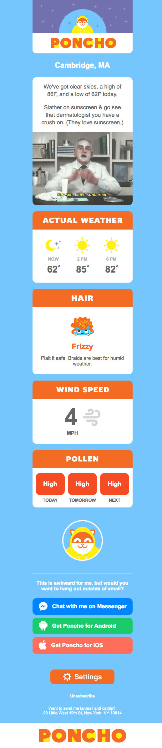 Ejemplo de campaña de marketing por correo electrónico de Poncho que muestra un pronóstico del tiempo personalizado