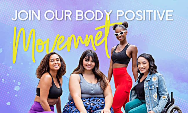 POP Fit brand banner that shows diverse models with the slogan "join our body positive movement"
