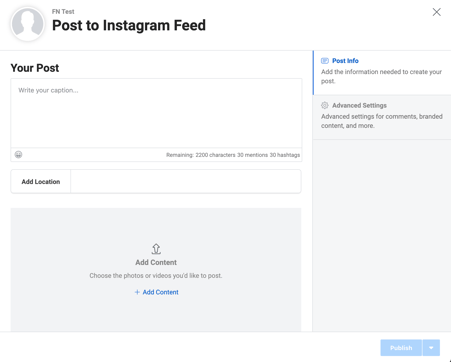 Example of a pop-up window for uploading content to your feed in Instagram Creator Studio