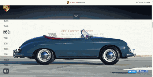 PORSCHEvolution's page features parallax scrolling to showcase the history of its car