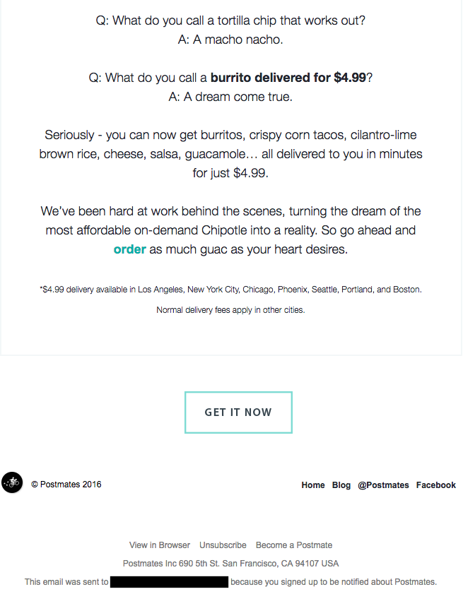 Exemple de campagne de marketing par e-mail par Postmates sur un nouveau menu de burrito
