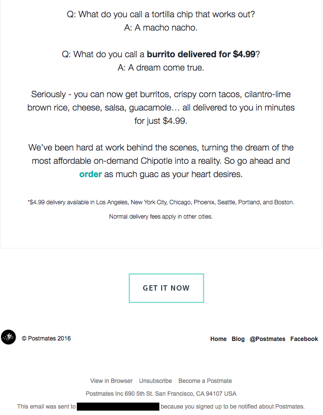 Ejemplo de campaña de marketing por correo electrónico de Postmates en un nuevo menú de burritos