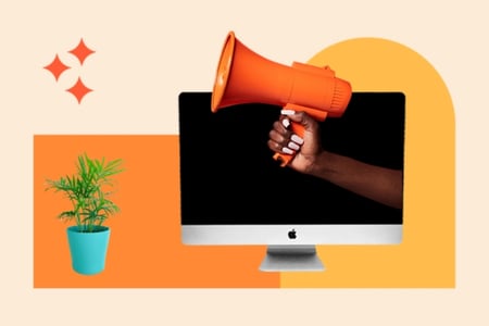 PowerPoint presentation examples graphic with computer monitor, person holding a megaphone, and a plant to signify growth.