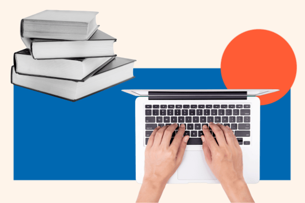 PPC courses for marketers represented by a stack of books and a person joining a course on their laptop