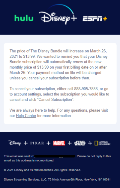 price increase letter example: disney plus