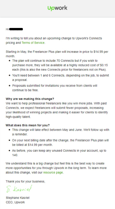 price increase letter example: upwork