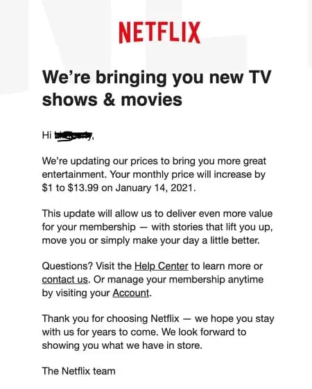 price increase letter: Netflix