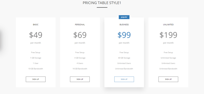 an example of pricing tables using wpbakery plugin add-on