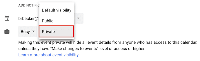 Dropdown menu for making an event private in Google Calendar