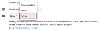 Menu pendente para tornar um evento privado no Google Calendar