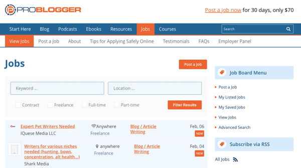 ProBlogger site features a job search for writers.