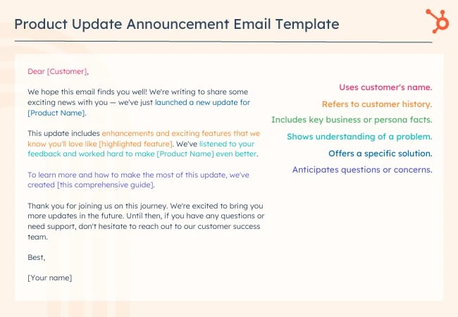 Customer service email templates: Product Update Announcement 