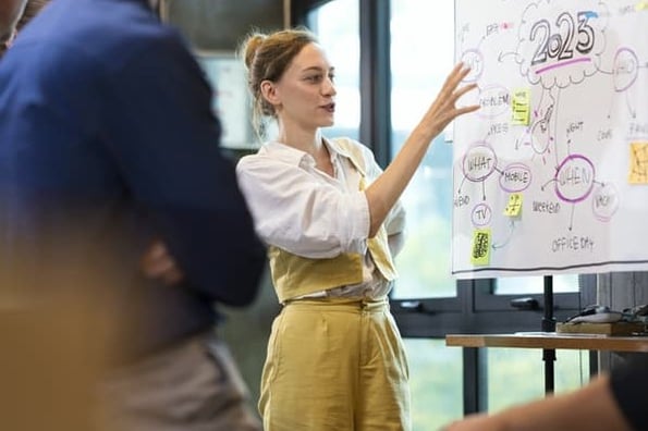 A woman leads a meaning discussing productivity at work.