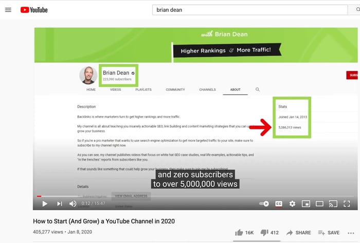 Brian Dean's video on growing a YouTube channel. 