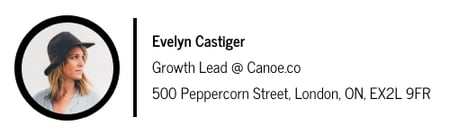 email signature example using a vertical bar divider, Evelyn Castiger, Canoe.co