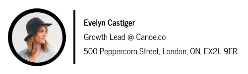 assinatura de e-mail para Evelyn Castiger com um divisor de espaço entre a foto à esquerda e o texto à direita