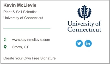assinatura de e-mail para Kevin McLievie da Universidade de Connecticut gerada com o Gerador de Assinatura de E-mail da HubSpot
