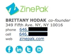 email signature example using color, Brittany Hodak, ZinePak