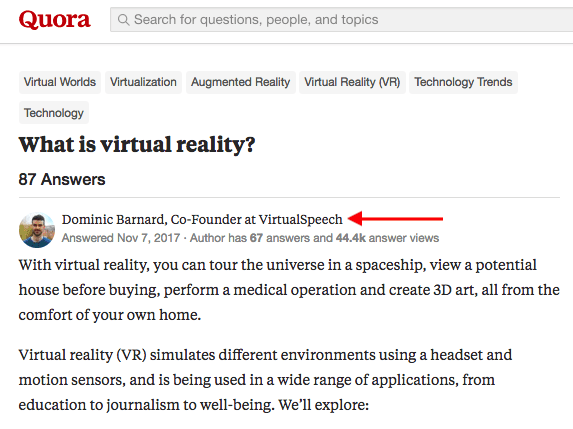 Question on Quora asking What virtual reality is, answered by man with professional title 