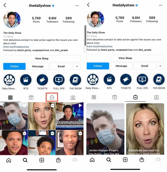 IGTV video posts tab on The Daily Show's instagram profile