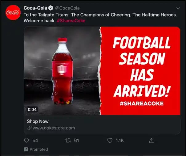 Cocoa Cola social ad on a Twitter timeline, with the text "Football season has arrived!"