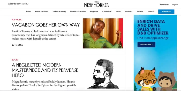 The New Yorker website with a display ad on the right-side column for Salesforce's app exchange