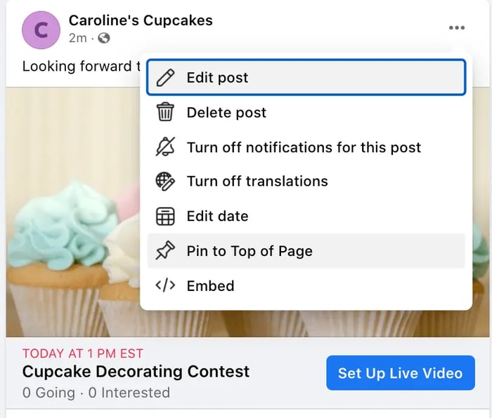 The Pin to Top of Page button you'll need to press to keep an event at the top of your Facebook page