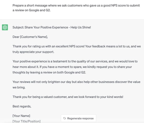 Customer Service Use Cases for ChatGPT; asking customers for a review