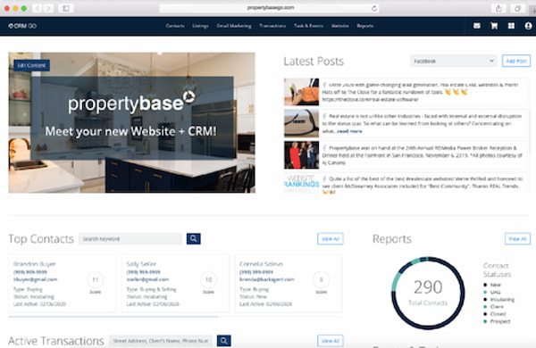 Propertybase real estate CRM in dashboard view with reports and latest posts
