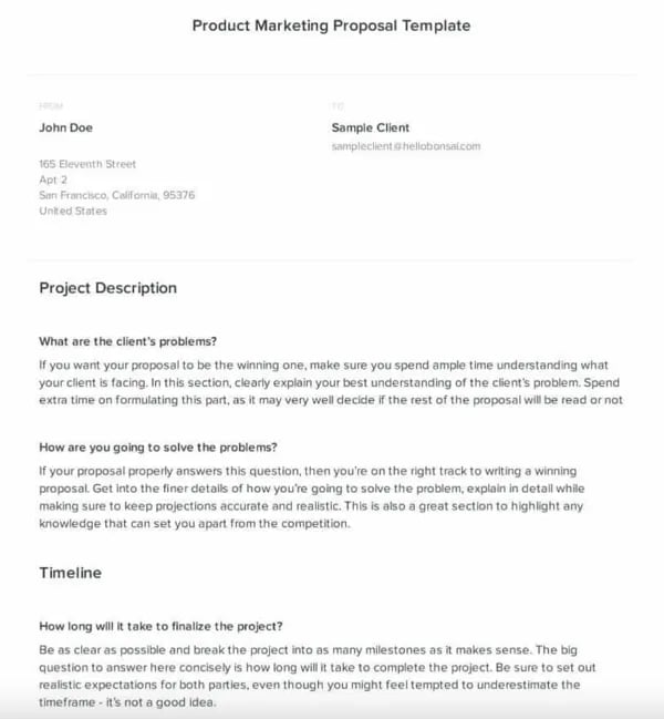Bonsai Product Marketing Proposal Template: example of a marketing proposal template