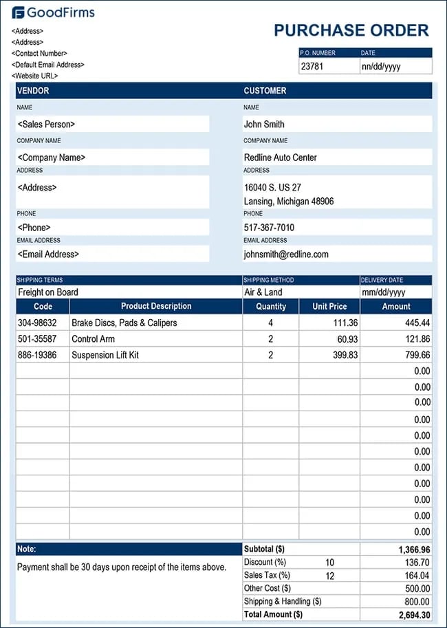 complete purchase order example from GoodFirms