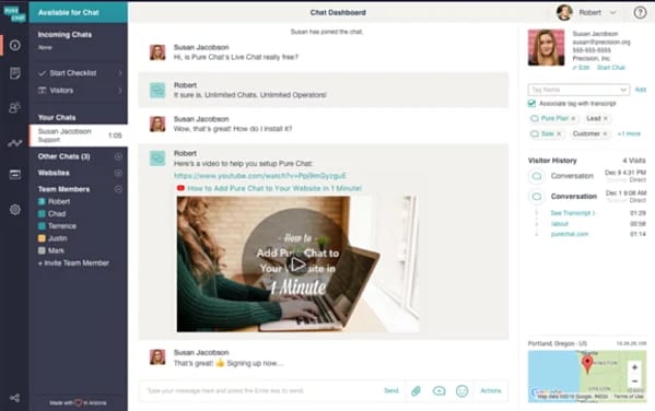 Live chat app Pure Chat as seen from the customer service representative's view
