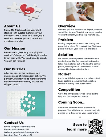 one pager for a puzzle business