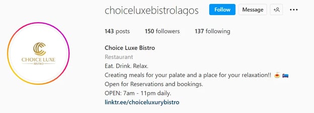 Instagram bio ideas for restaurants and coffee shops, choice luxe bistro
