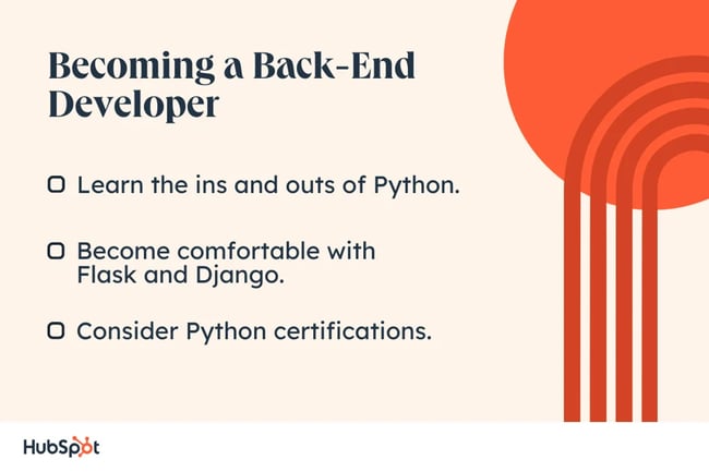 python back end. Becoming a Back-End Developer: learn the ins and outs of Python, become comfortable with Flask and Django. Consider Python certifications.