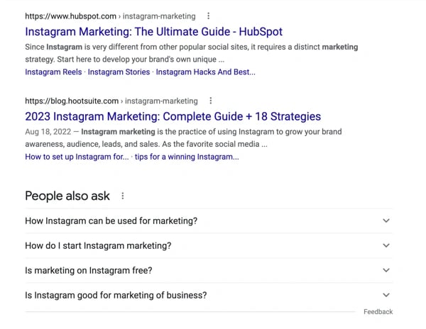 Google Search results for Instagram marketing