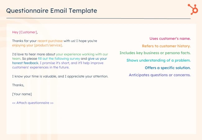 Customer service email templates: Questionnaire 