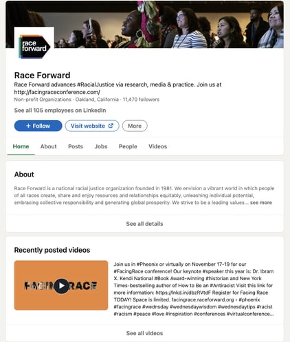 best nonprofit linkedin profiles: race forward linkedin profile home page