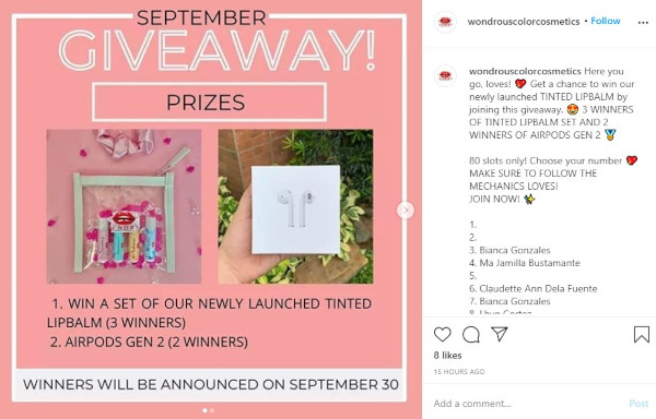 instagram raffle by wondrous color cosmetics: "80 slots only! choose your number to get a chance to win our newly launched lip balm"