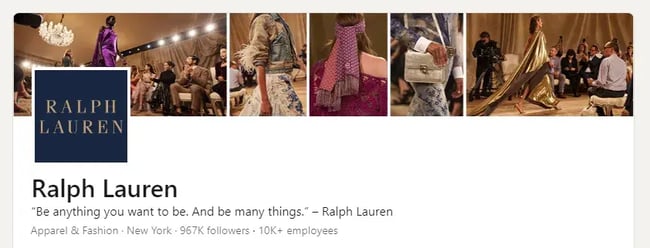 Ralph Lauren LinkedIn banner, picture collage of models at work during fashion shows.