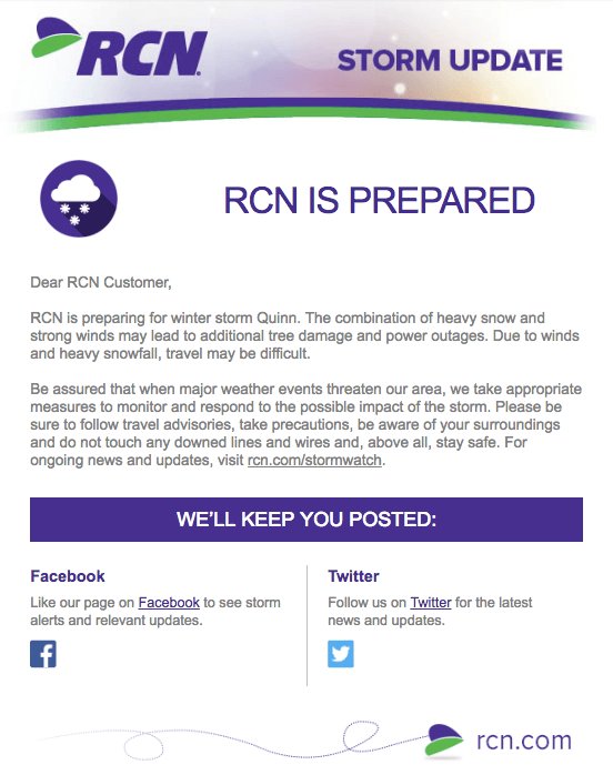 Email marketing campaign on winter storm updates by RCN