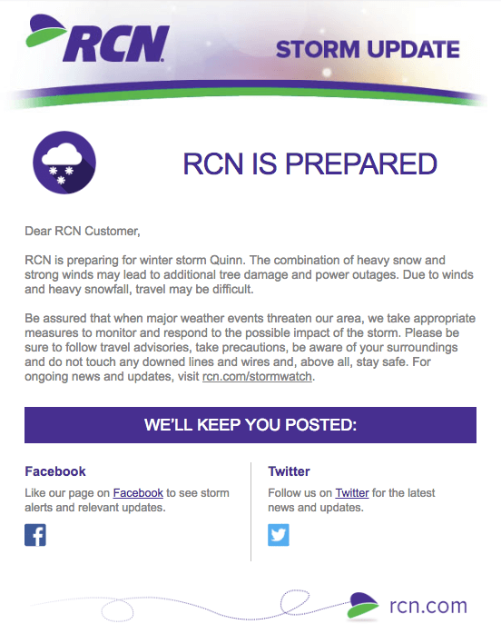 Ejemplo de campaña de marketing por correo electrónico por RCN alertando al usuario de actualizaciones de tormenta de invierno