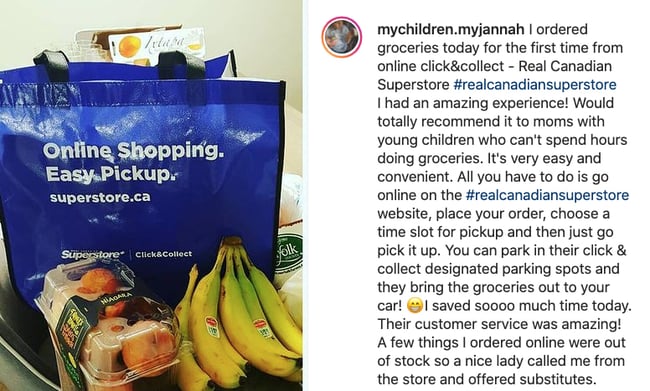 Real Canadian Superstore customer care testimonial on Instagram