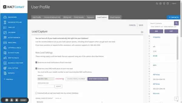IXACT Contact real estate CRM in lead capture settings