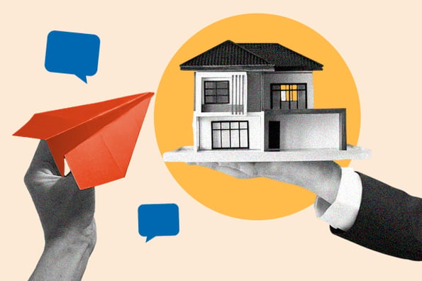 real estate email templates: person holding a house with a template paper airplane ready to fly