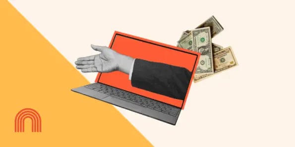 Real estate marketing ideas demonstrated in an abstract photo with a black and white hand coming out of a laptop with money behind it