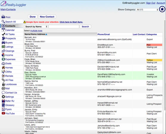 RealtyJuggler real estate CRM showing a list of contacts