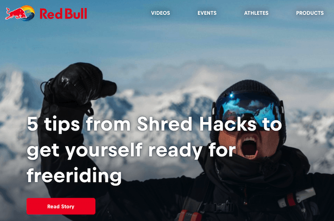 Página inicial do blog da Red Bull com uma campanha de marketing digital focada em esportes radicais