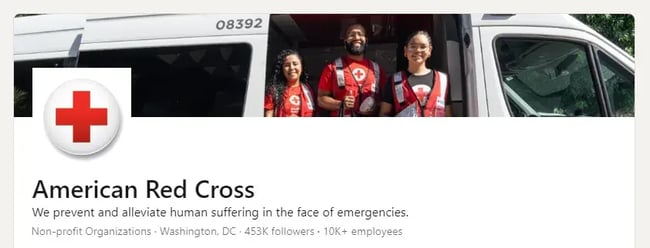American Red Cross LinkedIn banner, 3 Red Cross volunteers standing next to means of transportation.