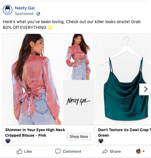 example of retargeted ad on Facebook by nastygal